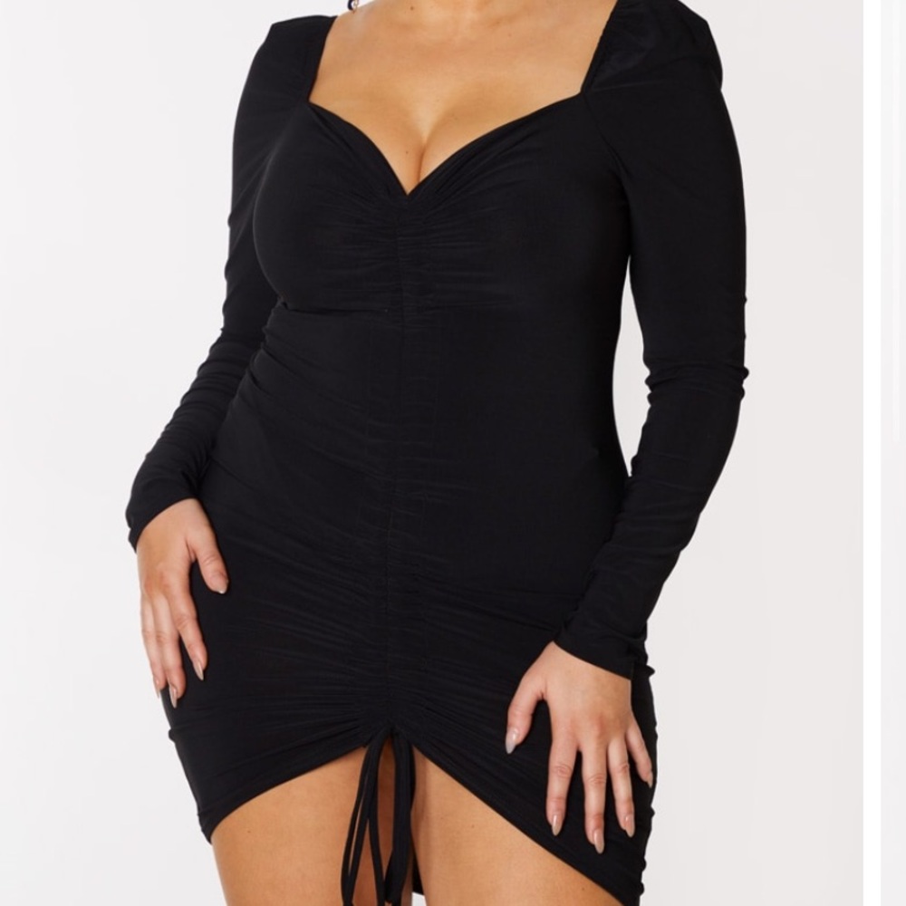 Plus black ruched front long sleeve body on dress